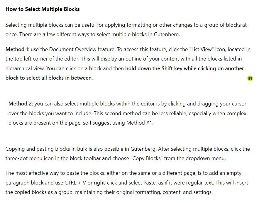 An example of a paragraph nested inside a group in the WordPress block editor